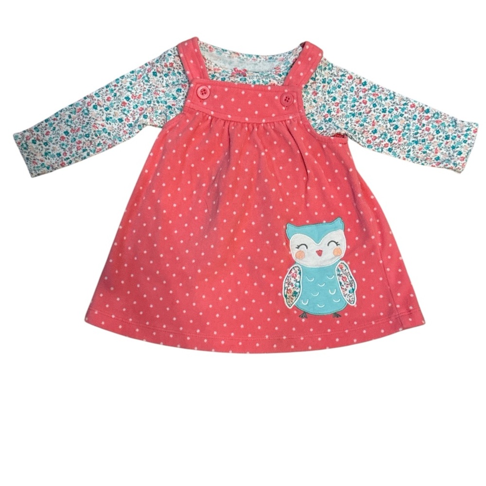 Carter’s long sleeve hot pink/white polka dots baby girl dress, size 6mths